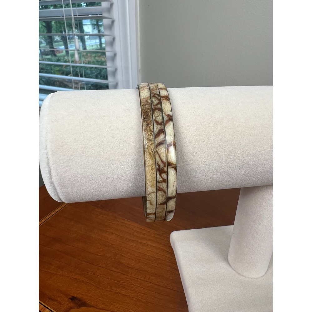 Vintage Brass Bangle Bracelet Mosaic Bone Inlay Cream Brown Boho Stackable